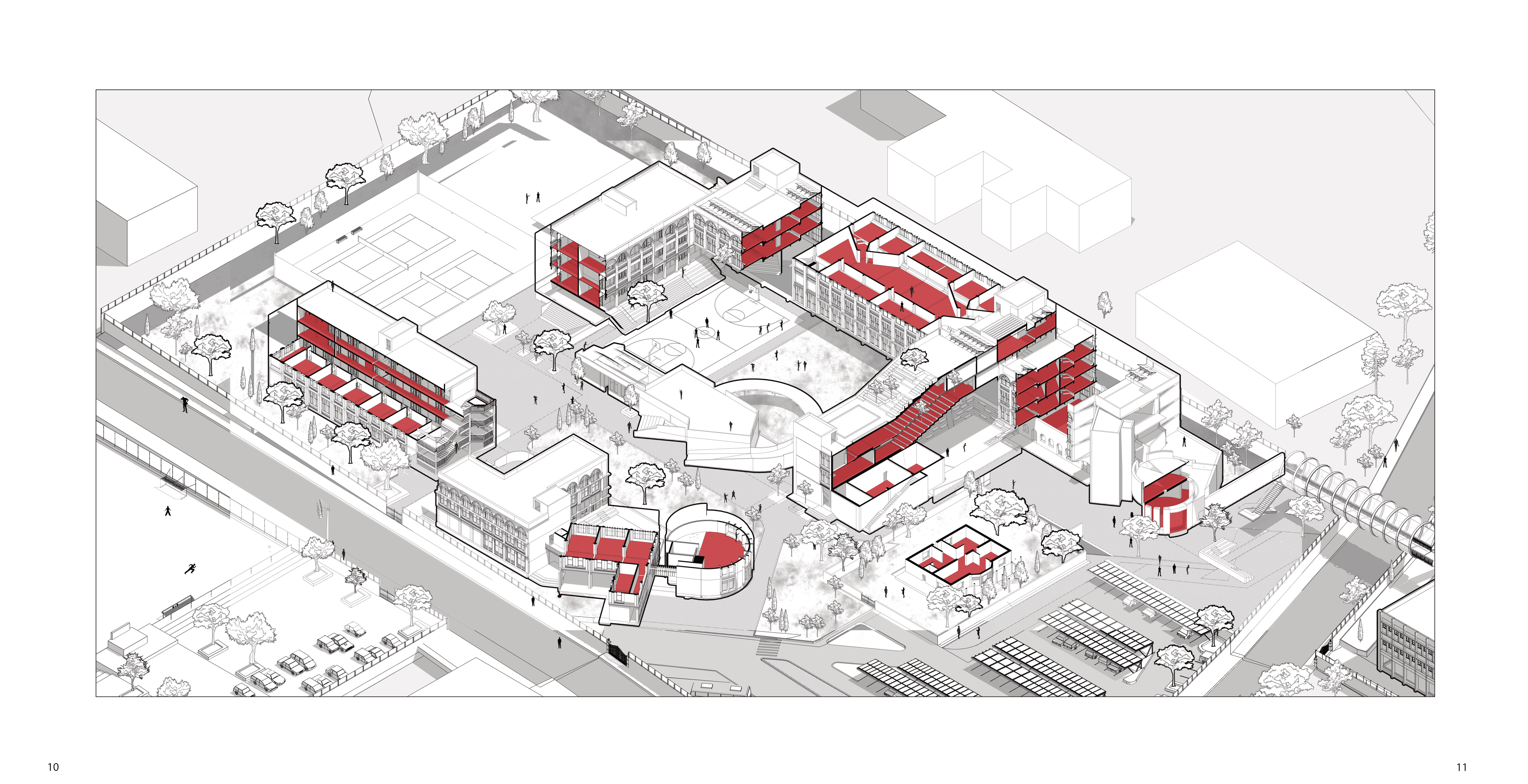 Exploded axonometric of the redeveloped Bishop's School campus, new interventions highlighted in red