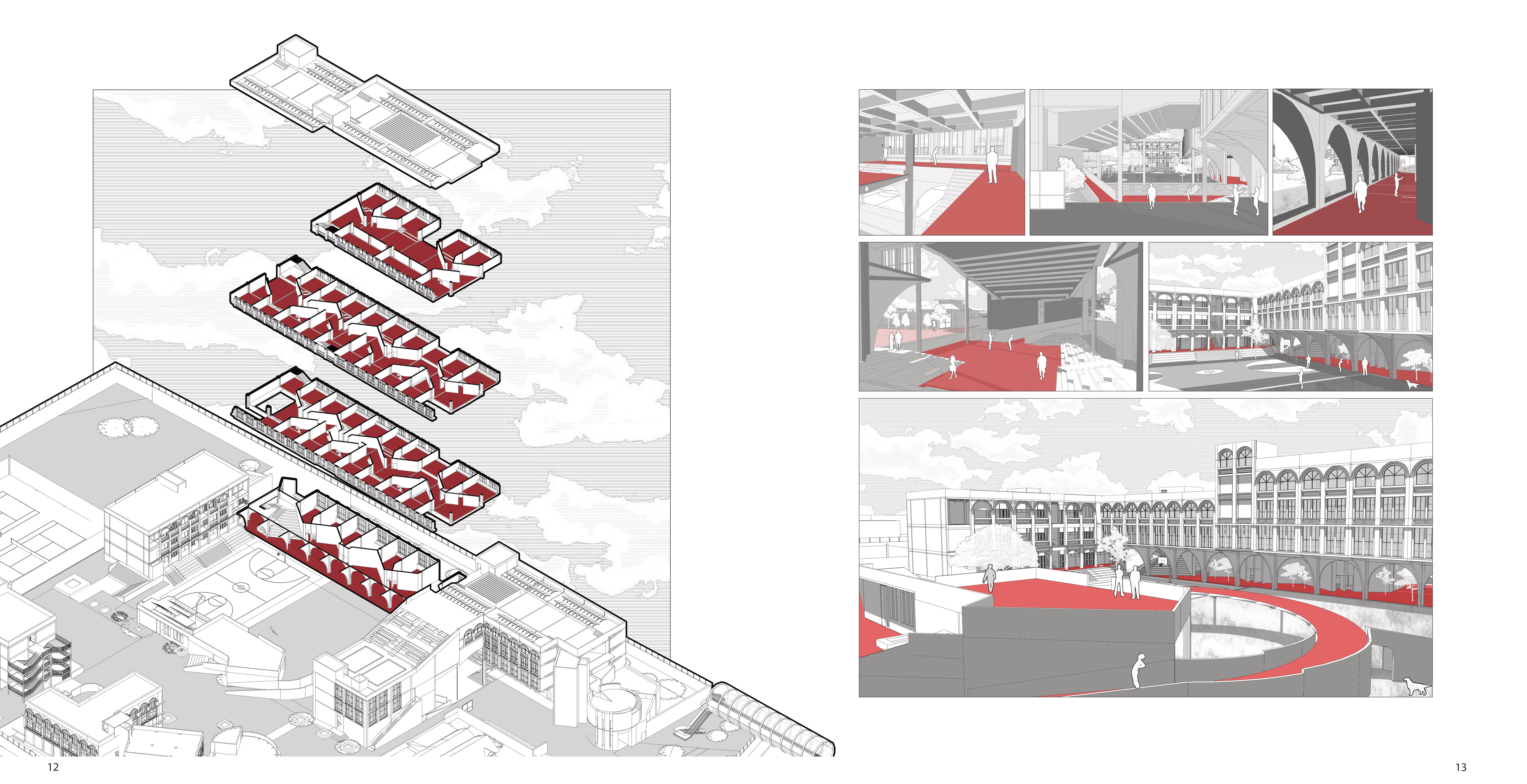 Floor-wise exploded axonometric and renders of the arcaded courtyards