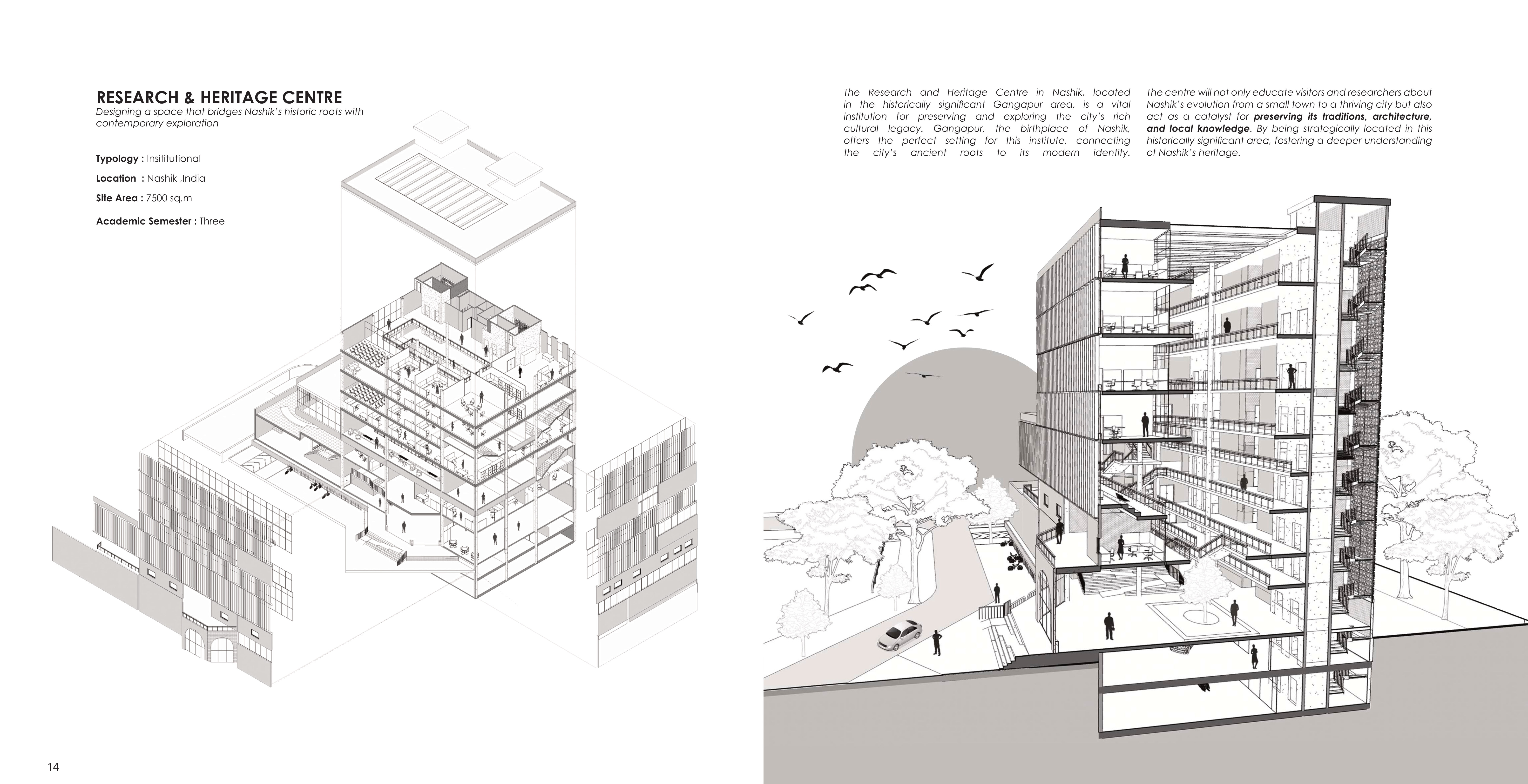 Research and Heritage Centre: sectional axonometric and street-facing building section