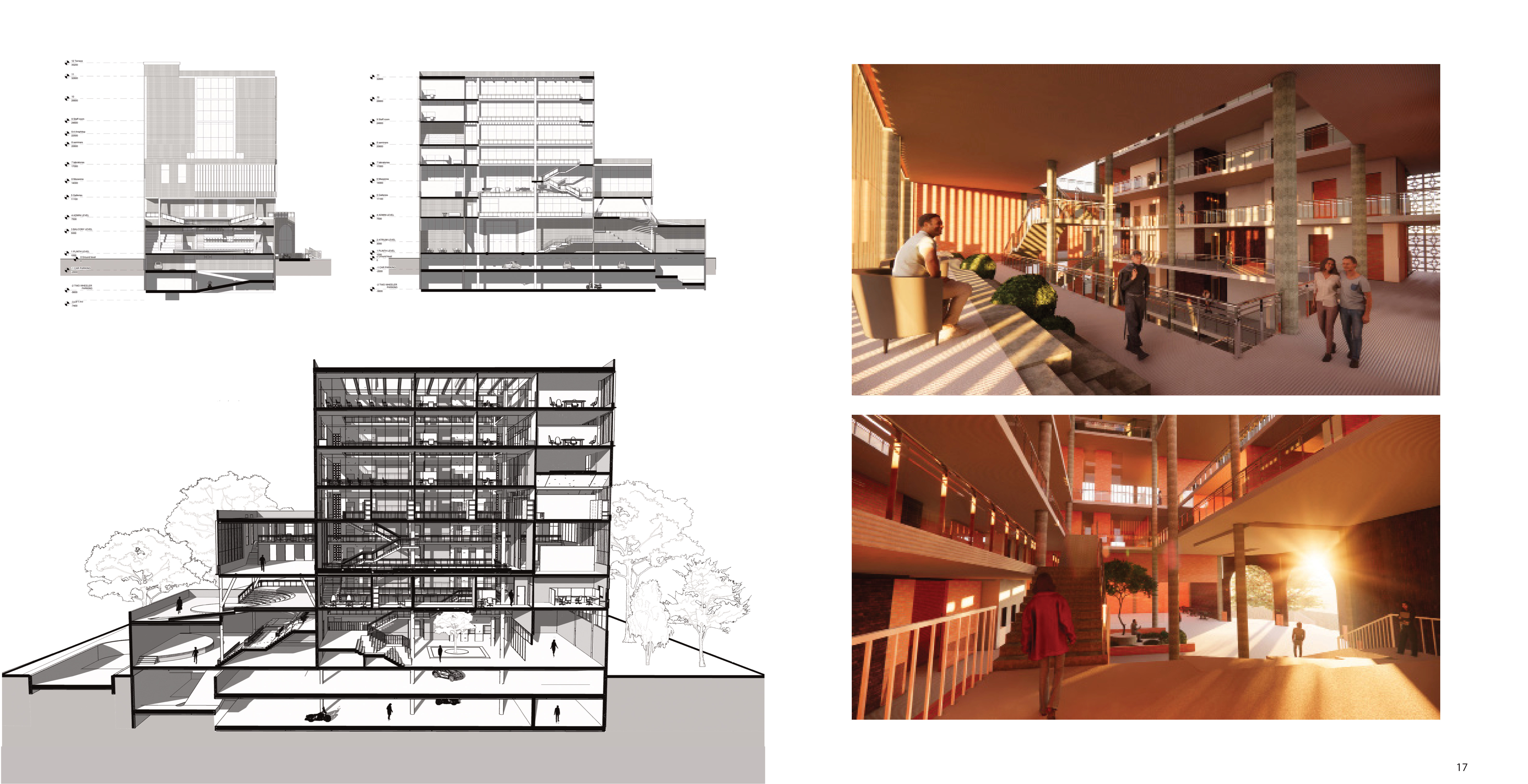 Building sections and warm interior renders of the atrium