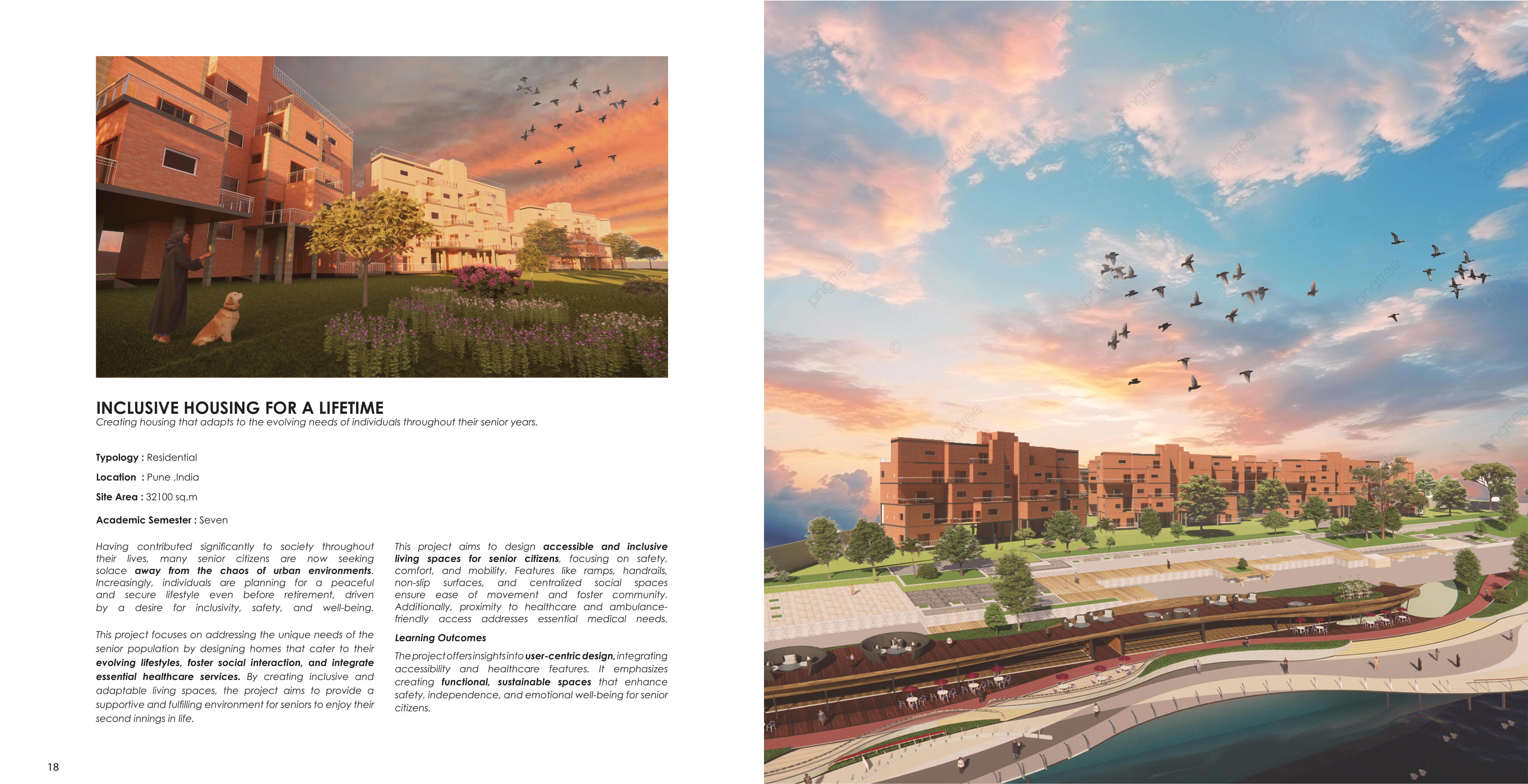 Inclusive Housing for a Lifetime: brick housing clusters and riverfront promenade render