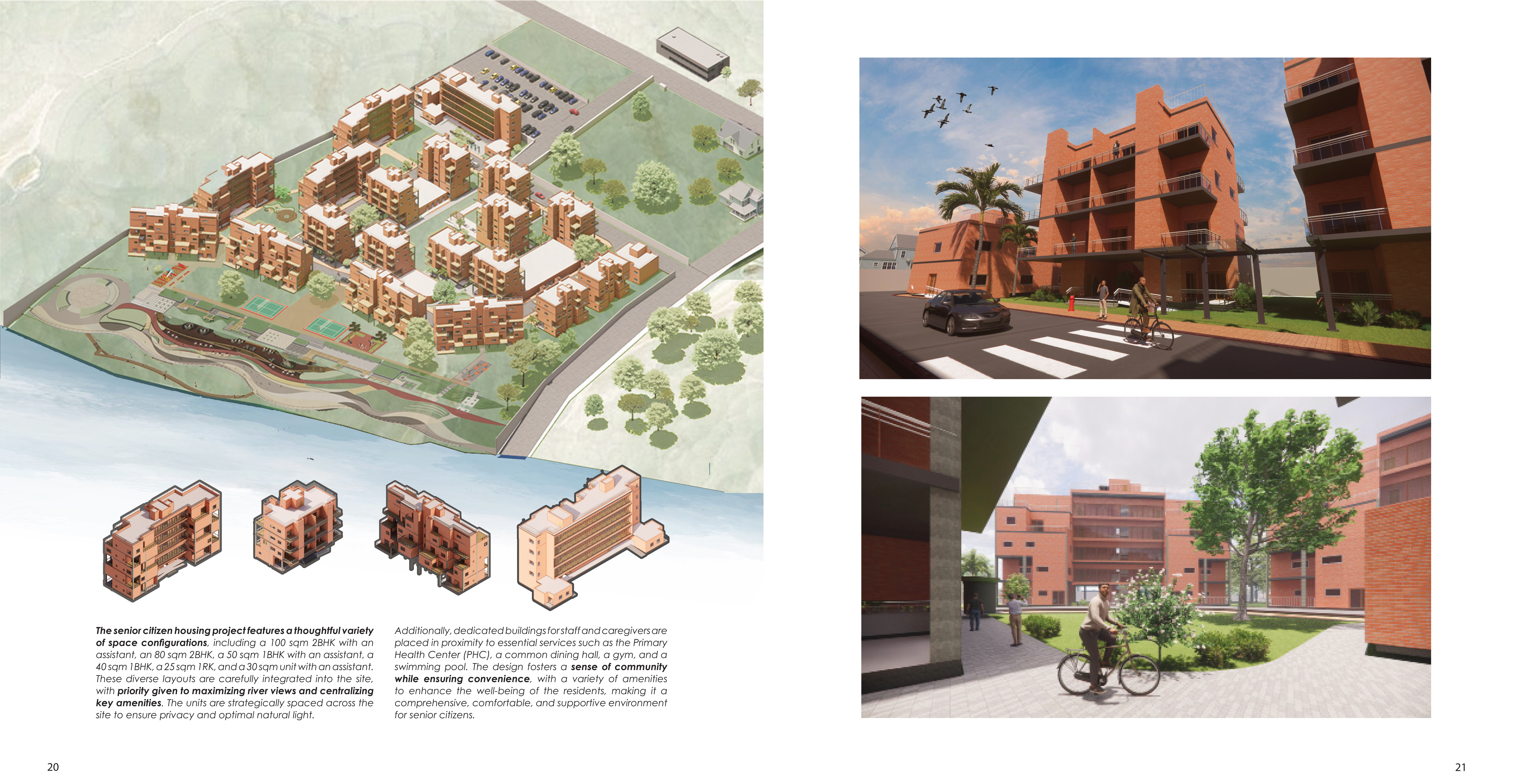 Street renders and site plan along the Mula River with contour lines
