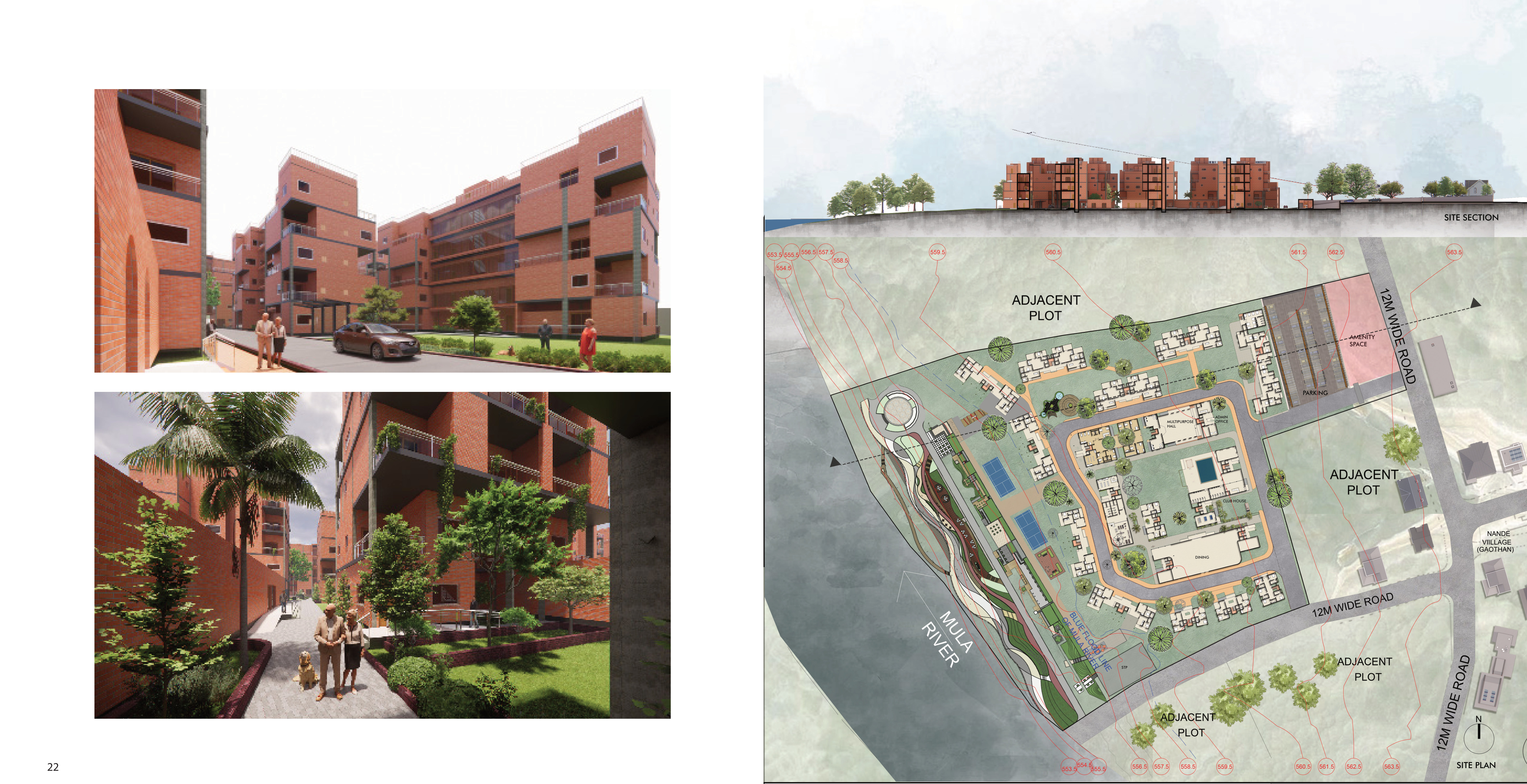 Cluster axonometric, unit typologies from 30 to 100 square metres, and courtyard renders
