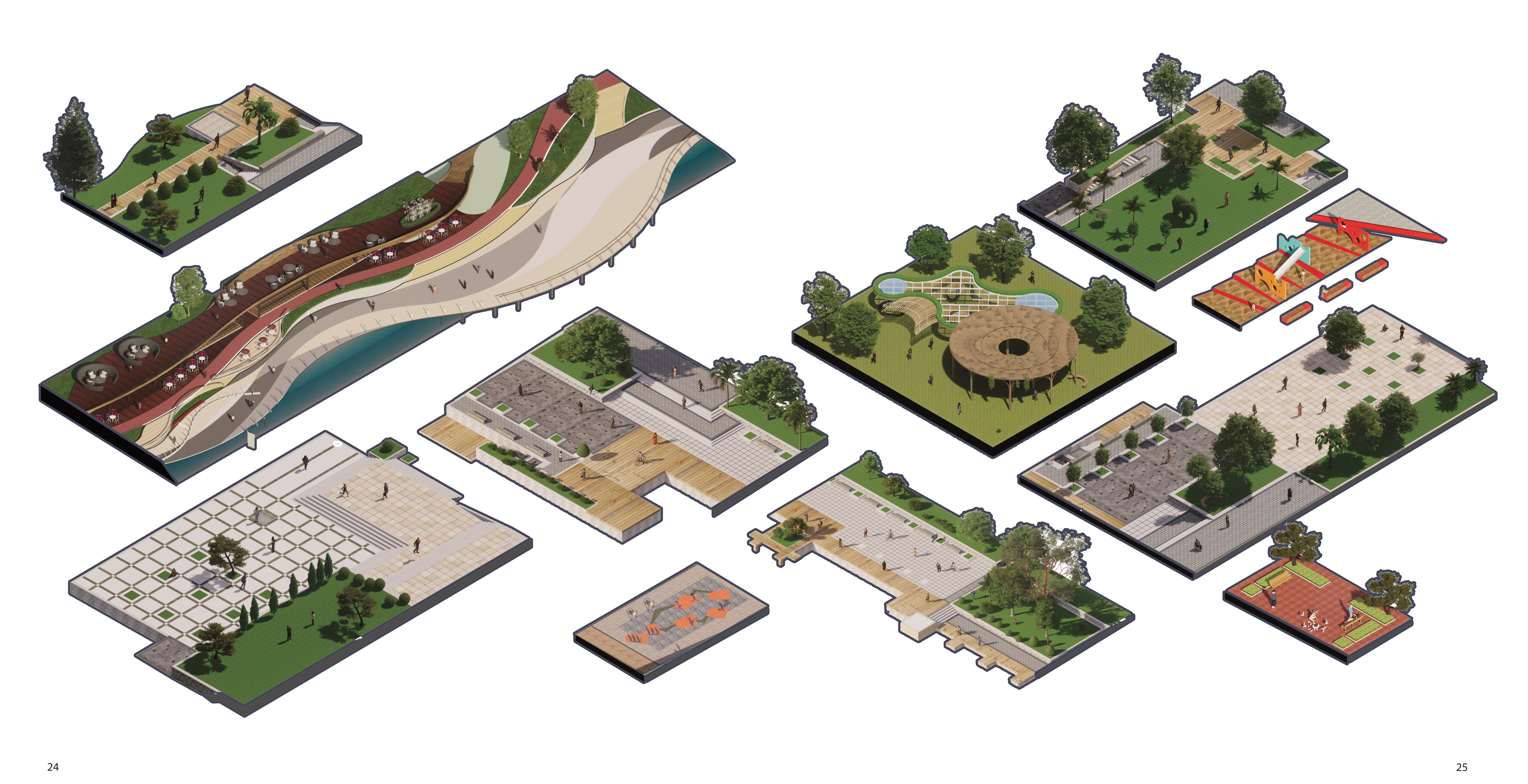 Axonometrics of the landscape and amenity spaces: riverfront deck, courts and gathering pavilions