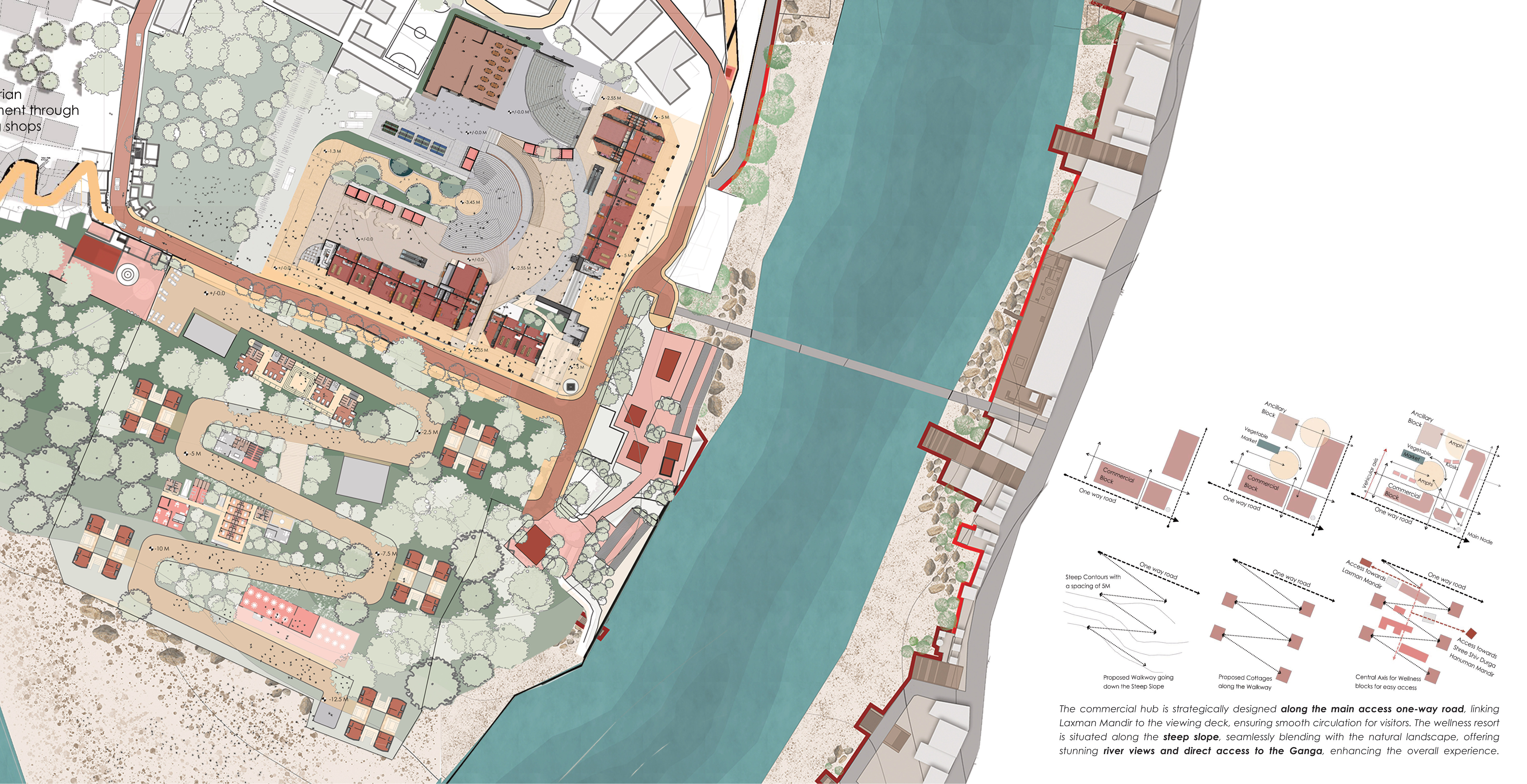 Master plan terraced along the steep slope with design-strategy diagrams
