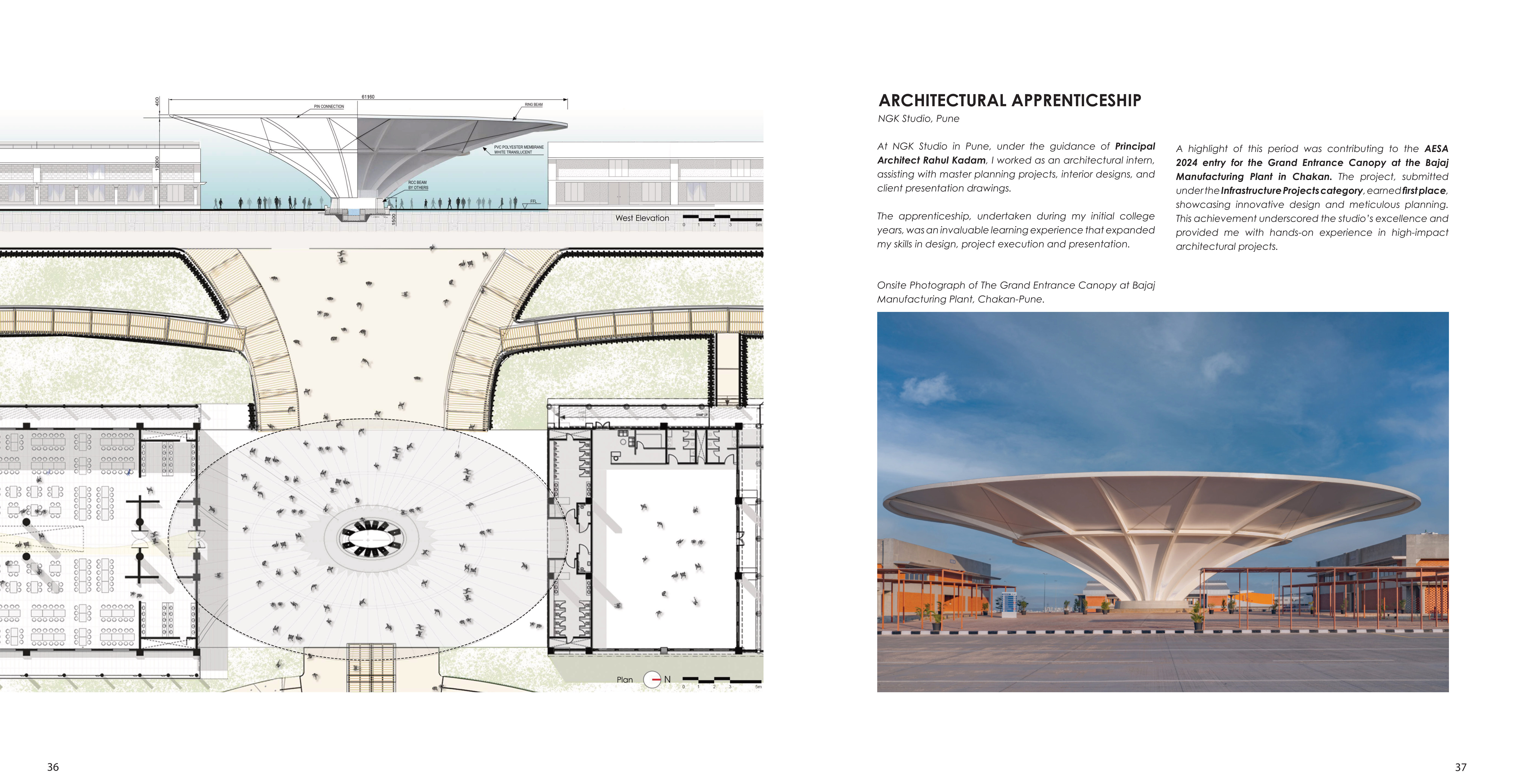Grand Entrance Canopy at the Bajaj Manufacturing Plant, Chakan: elevation, plan and onsite photograph