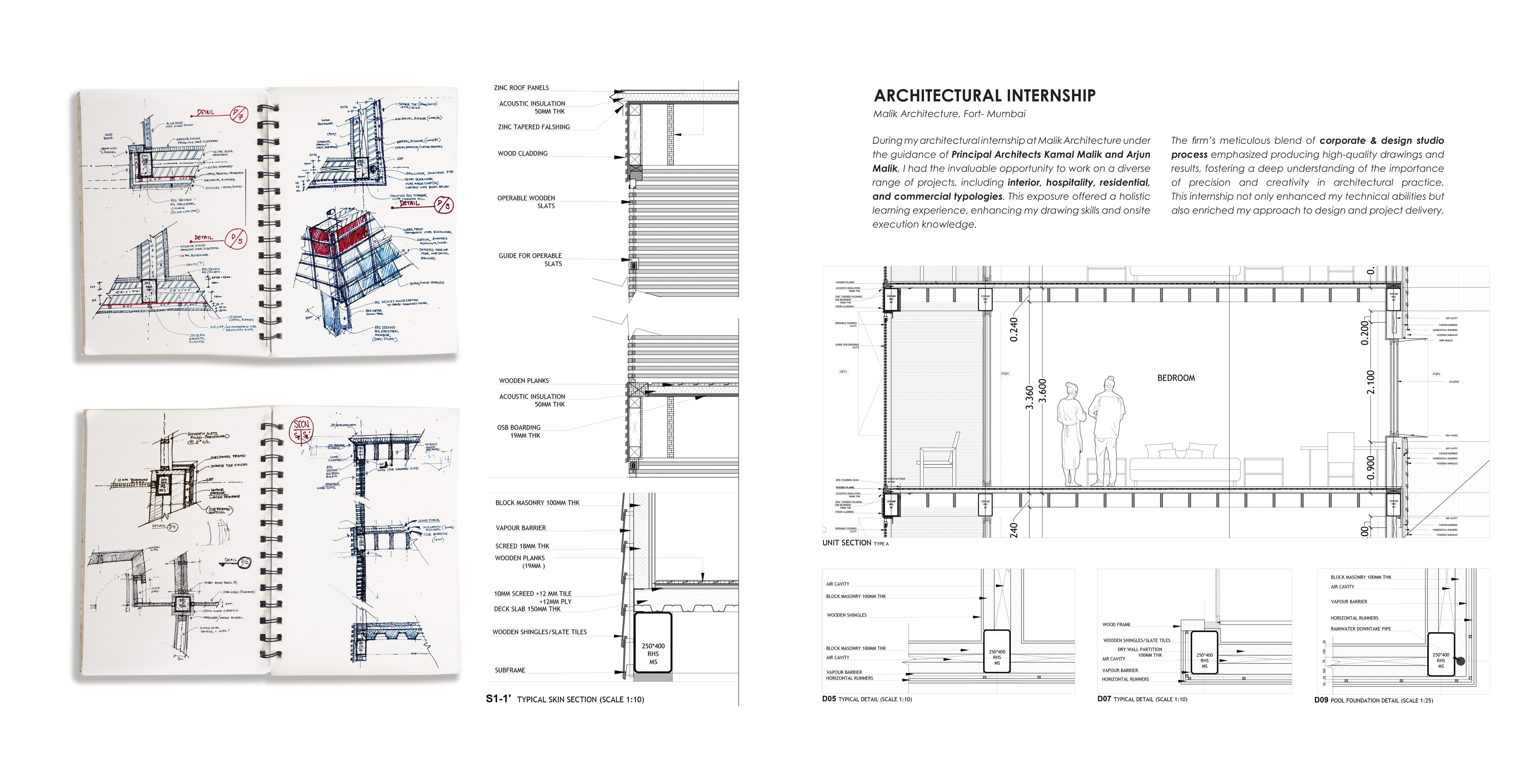 Sketchbook detail studies and unit-section working drawings from Malik Architecture