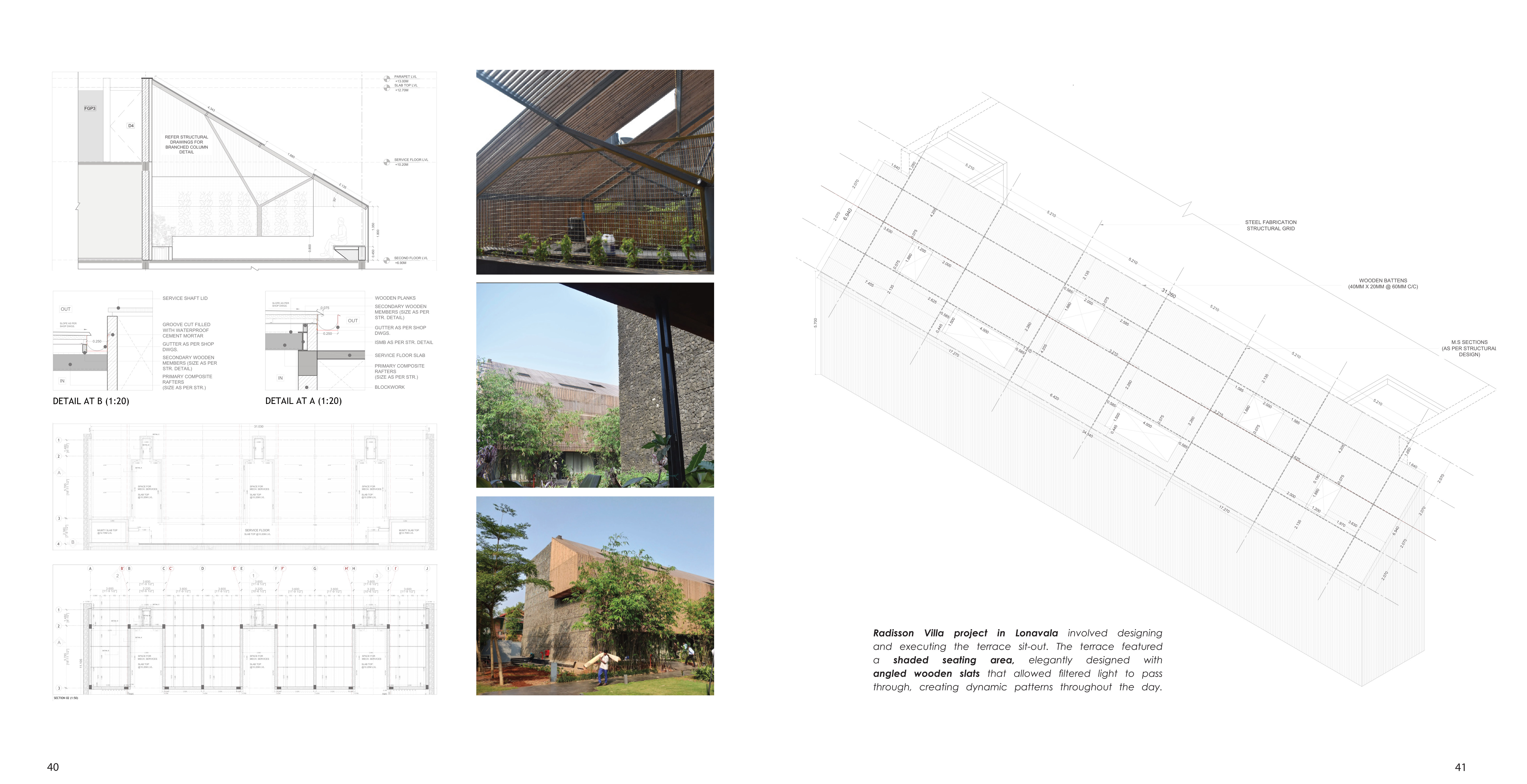 Radisson Villa Lonavala: terrace details, onsite photographs and roof structural axonometric